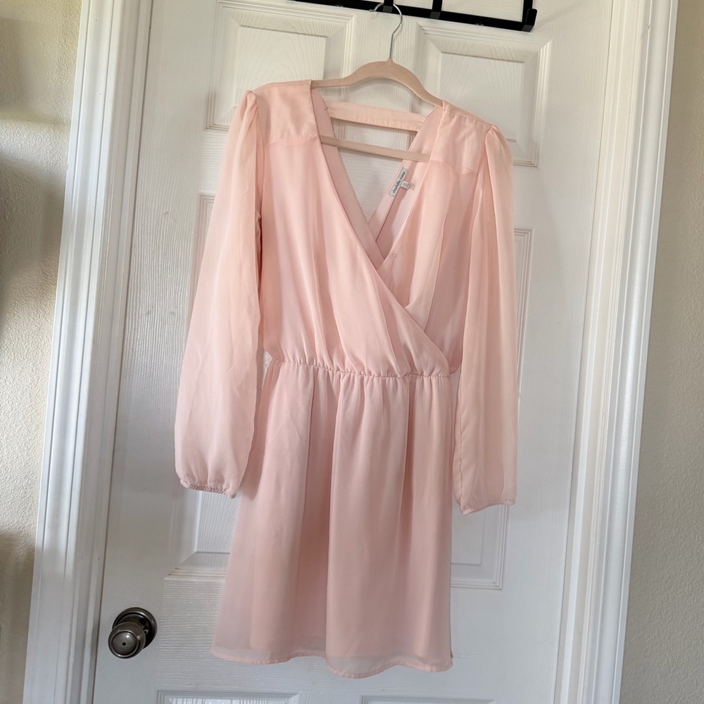 Charlotte Russe Light Pink Sheer Surplice Long-Sleeve Mini Dress